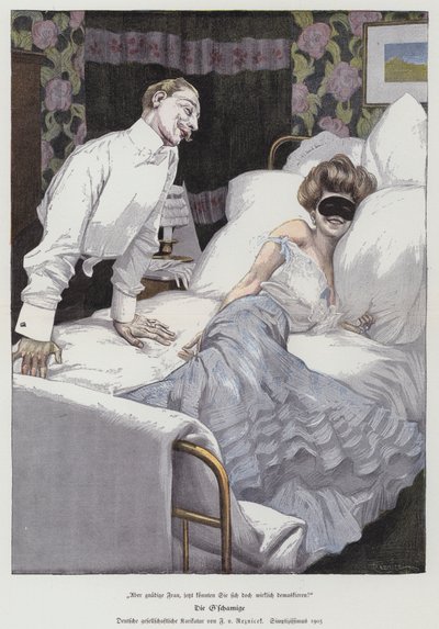 Man die met een gemaskerde vrouw in bed praat, 1905 door Ferdinand von Reznicek